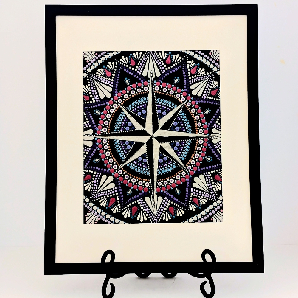 OOAK Artisan Compass Mandala — Contemporary Symbolic Art — Framed 12" × 15"